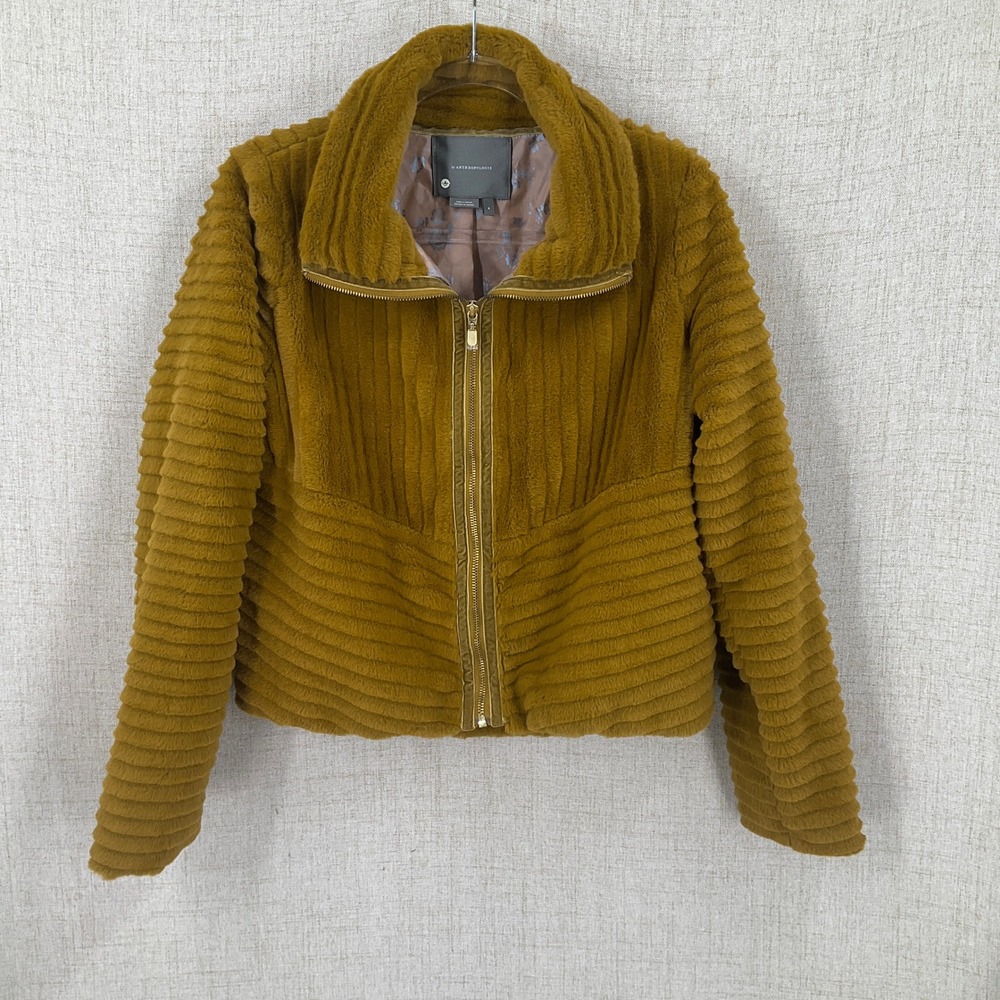 Anthropologie Faux Fur Jacket Women S Mustard Yellow Soft Ribbed Boho Whimsical